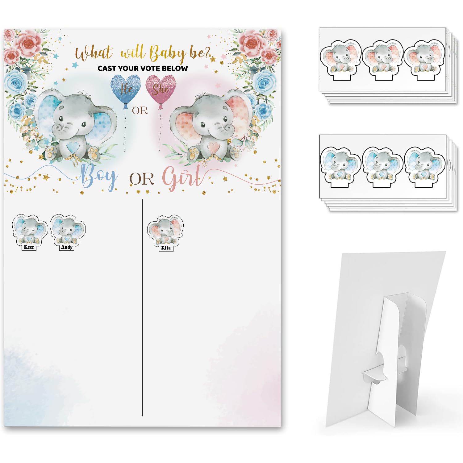 Baby Gender Reveal Board with Stand, 60 Elephant BOY and Girl Stickers for Party Guests，He or She, Cast Your Vote Guess Game, Gender Reveal Party Centerpiece Decorations