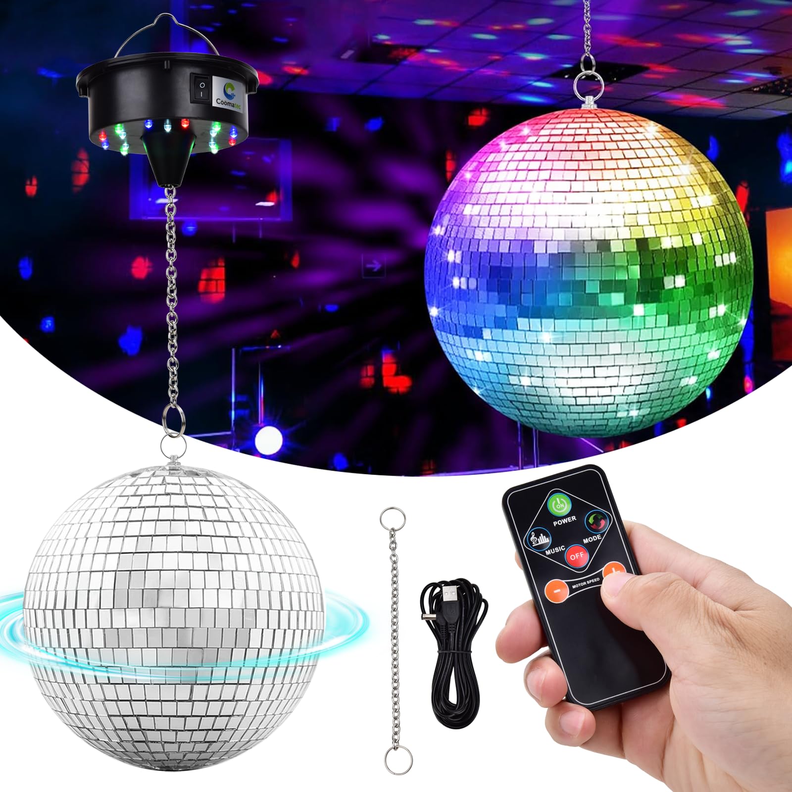 Disco Ball with Motor and Light, 8" Hanging Disco Ball and Rotating Motor Spinner with Remote Control, 4 Light Colors and 18 LEDs for 70s 80s Party DJ Club Wedding Birthday Christmas Supplies
