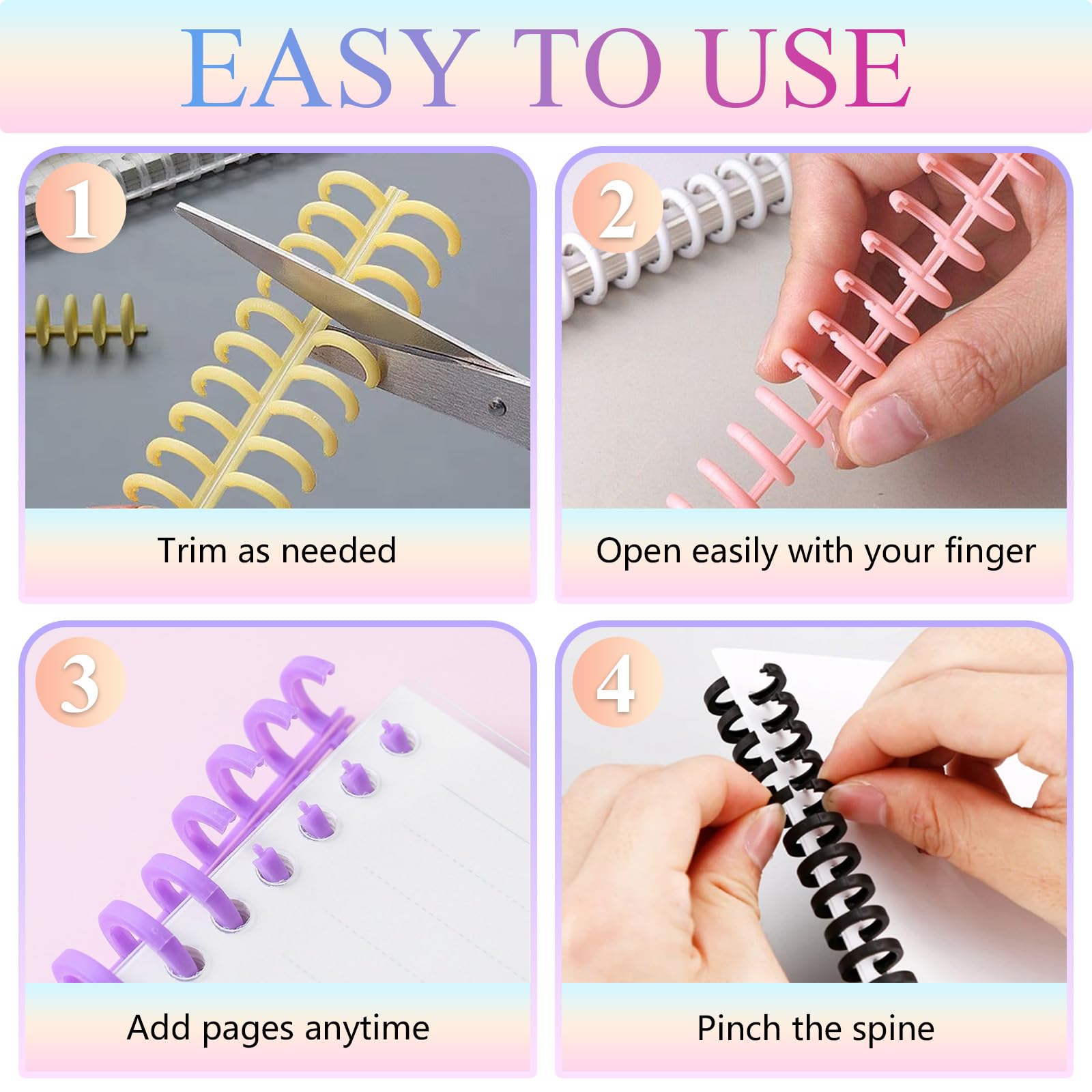 Dorsi a pettine per rilegatura, 30 anelli da 1,3 cm di diametro, spirali in plastica, dorso 3:1, per documenti e quaderni, capacità 85 fogli, 8 colori