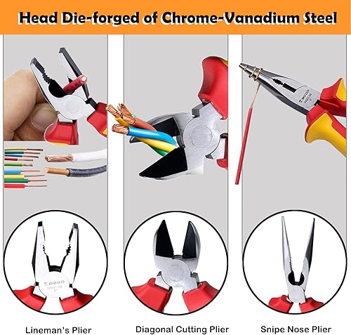 Miniatura 3 de WEDO Juego de 3 alicates aislados, VED 1000V Kit de alicates para electricista, alicates Lineman de 8 pulgadas, alicates de punta de aguja larga de