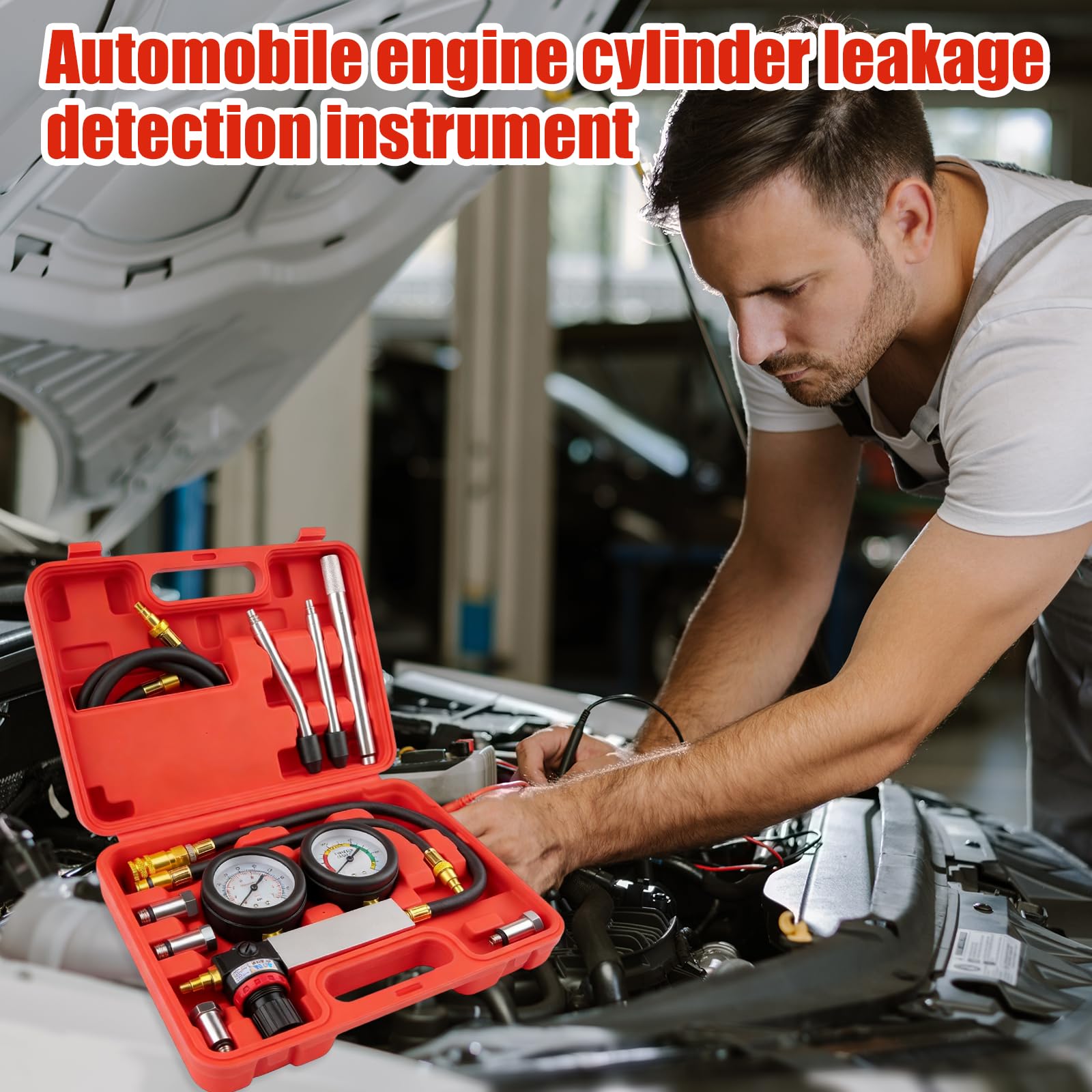 Kit di test di perdite cilindrici per auto, tester di compressione, tester di perdita di pressione, test perdite, doppio manometro, misurazione della pressione cilindrica, tester per test di pressione