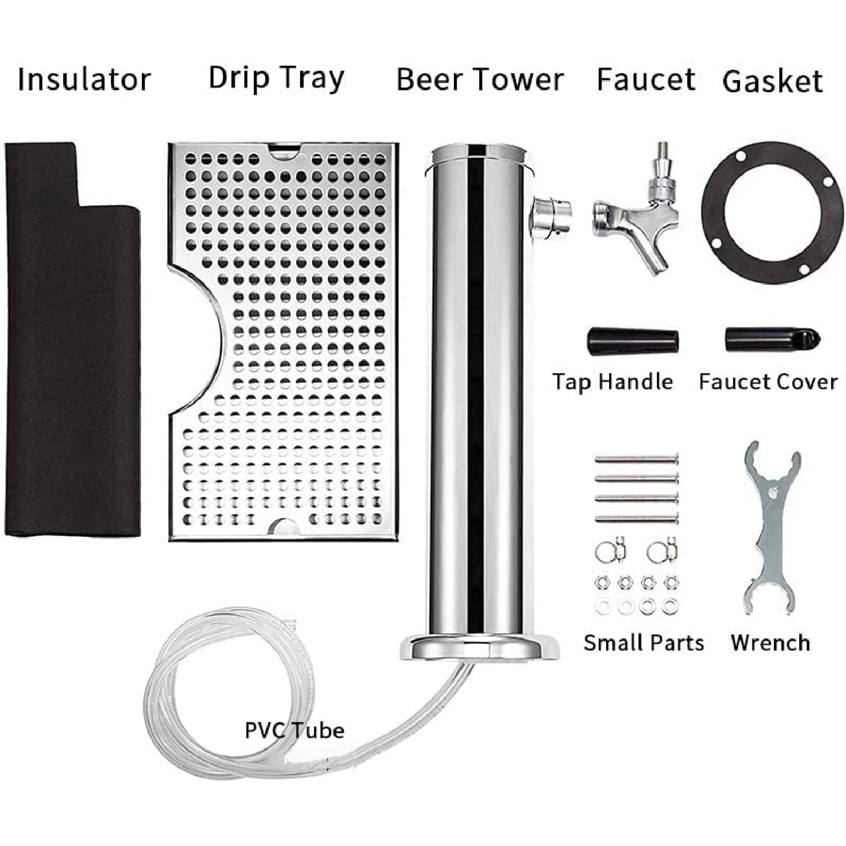 Kit de torre Kegerator de un solo grifo de acero inoxidable, ideal para fiestas, Copa del Mundo, Navidad y eventos, incluye bandeja de goteo de 12 x 7 pulgadas, columna de 3 diámetros