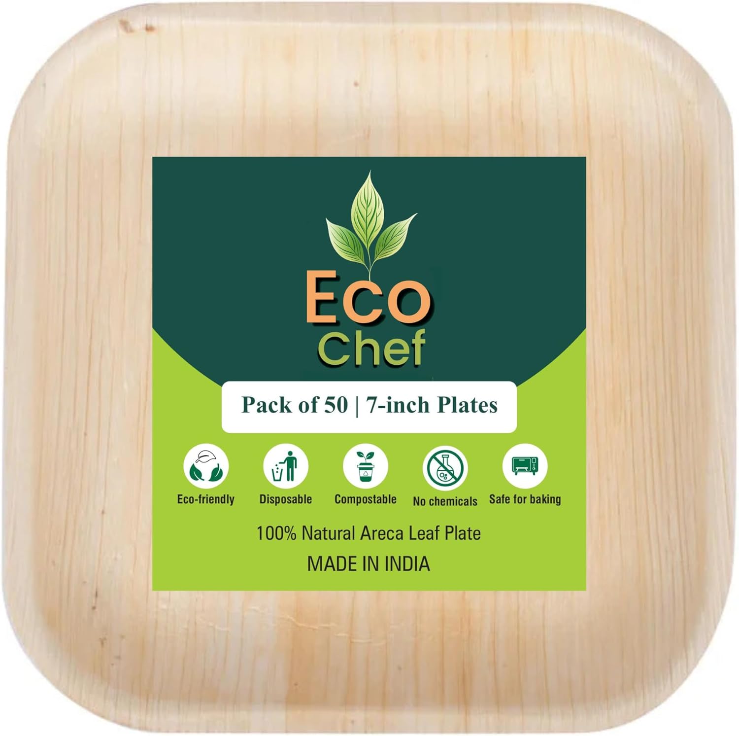 Eco Chef Disposable Palm Leaf 7" Square Plates (50 pieces) Bamboo plates like Serving Platters, Disposable Boards, Eco-Friendly Dinnerware For Weddings, Catering, Events