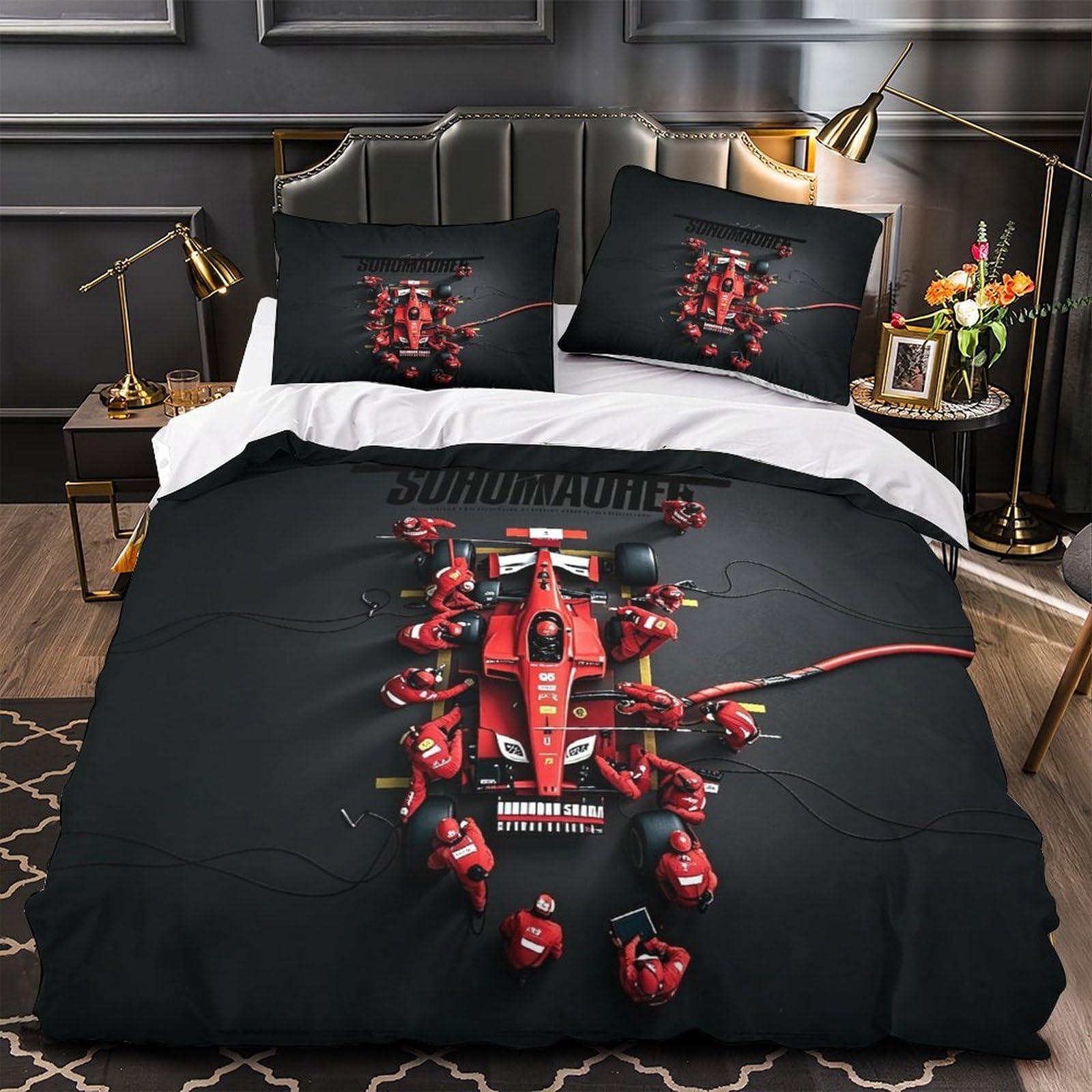DAFUfbw Hypoallergenic Bedding Set Formulaa Racing, Cozy Bedspread 3D Printed Pit Stop Quilt Cover Double（200x200cm）, Microfiber Duvet Cover Pillowcase