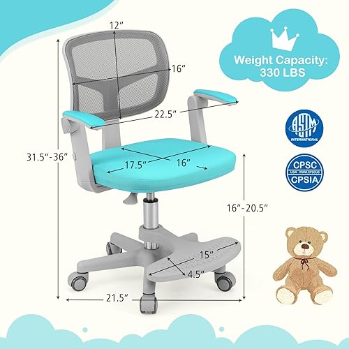 Miniatura 3 de HONEY JOY Silla de escritorio para niños, silla de estudio para niños con altura ajustable, reposabrazosreposapiés, silla giratoria de malla