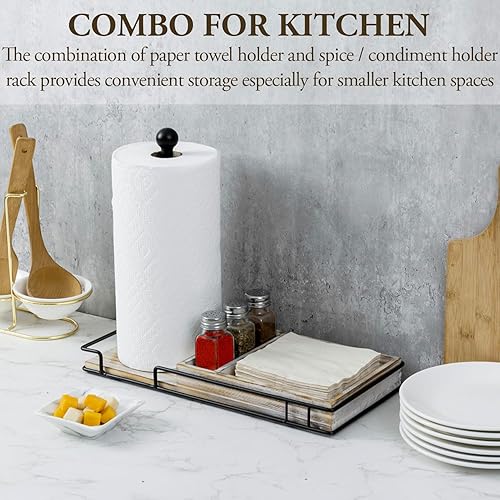 Miniatura 9 de MyGift Organizador combinado de cocina y comedor rústico  Soporte dispensador de rollos de papel de metal negro mate industrial de madera maciza