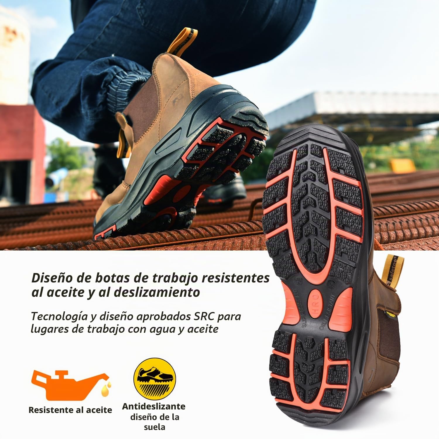 Safetoe Botas de seguridad M-8025NBO para hombre, ajuste ancho, puntera compuesta, botas de trabajo ESD, antiestáticas, impermeables, de piel de vacuno, resistentes, antideslizantes, suela de goma de