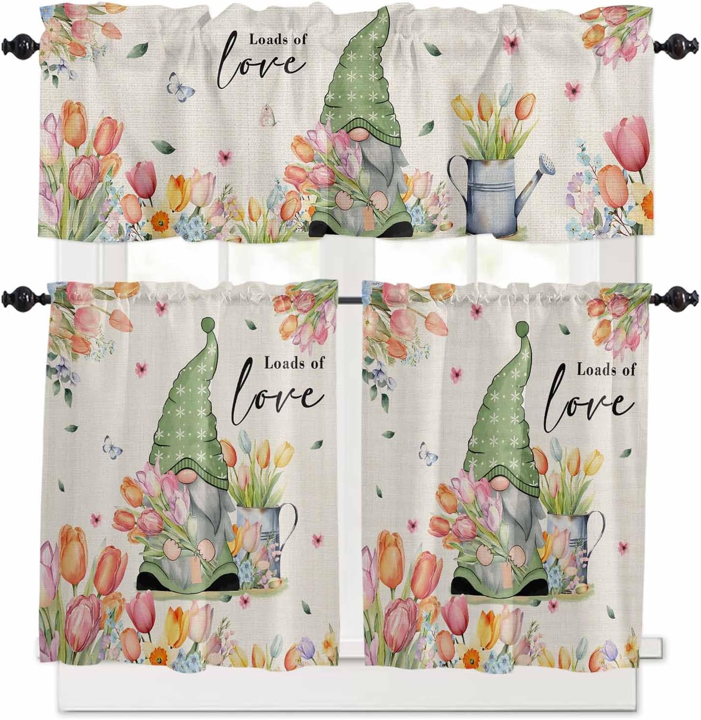 Libaoge Kitchen Curtain Valance and Tiers Set,Gnome with Tulip Loads of Love Linen Background 3 Pieces Semi Sheer Small Window Curtains Set for Bathroom,Bedroom,54Wx18L in+27.5Wx24L in*2