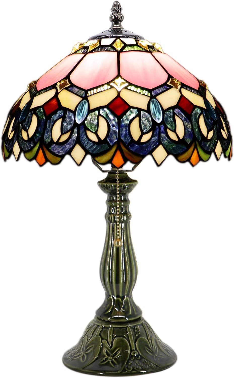 Tiffany Lamp Stained Glass Table Lamps Pink Jewelry Baroque Style Desk Lamp 12X12X18.5 Inch Bronze Ceramic Base Reading Light Suitable for Bedside Bedroom Living Room Dining Room Office