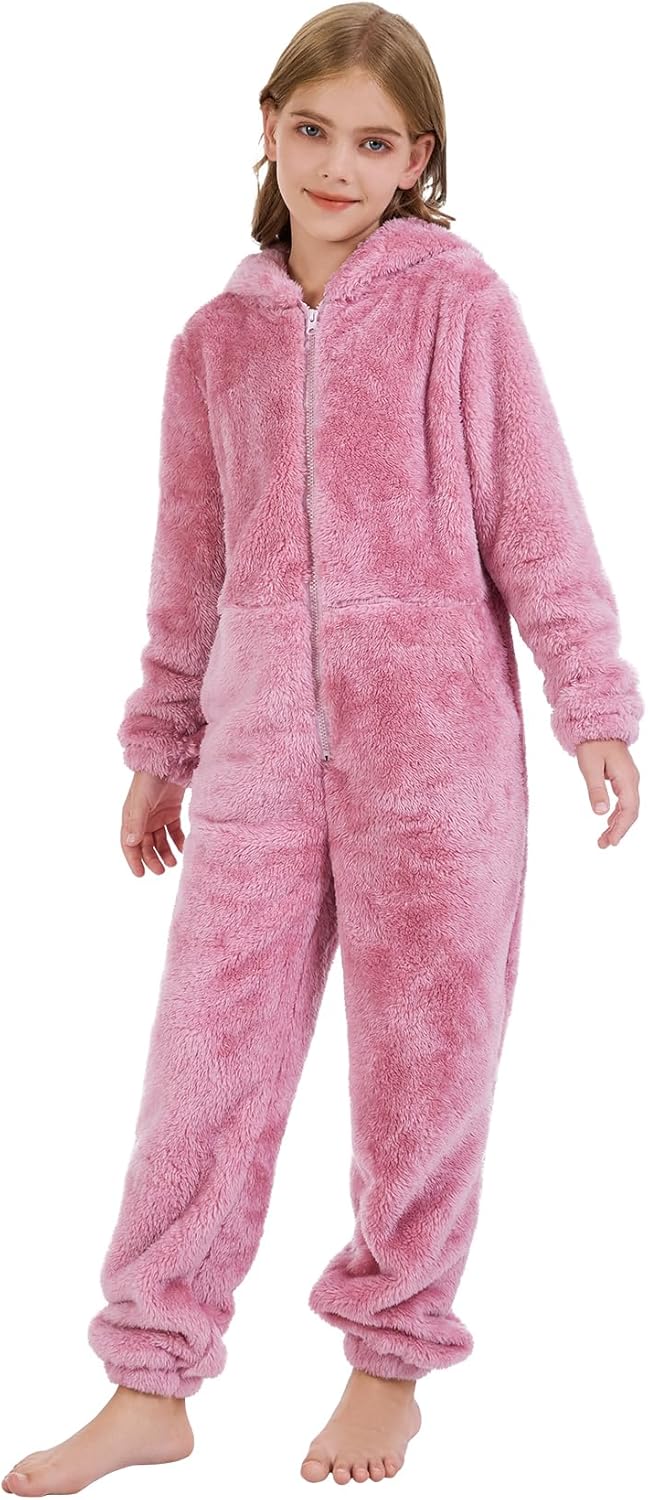 COZYPOIN Girls Fleece Zip Up Jumpsuits Kids Hooded Rompers Fuzzy Onesie Warm Cute Costume Winter Clothes - Image 5