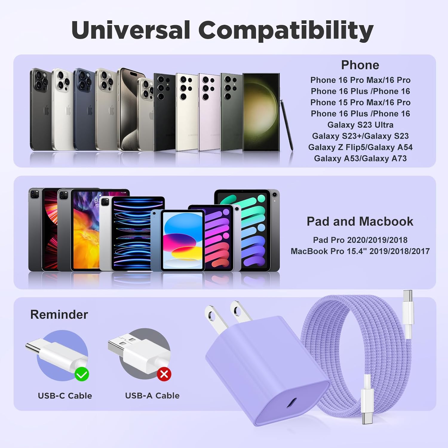 Fast Charging for iPhone 15 16 Pro Max Charger Colorful, 3Pack 20W USB C Fast Chargers Block with 6/6/10ft Long USB C to C Braided Cable Compatible with iPhone 16/15 Pro/15 Plus/Pad Pro 13/12.9,Purple