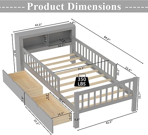 Miniatura 2 de Bellemave Base de cama individual para niños con vallas, 2 cajones y cabecera de almacenamiento, cama de plataforma de tamaño individual con