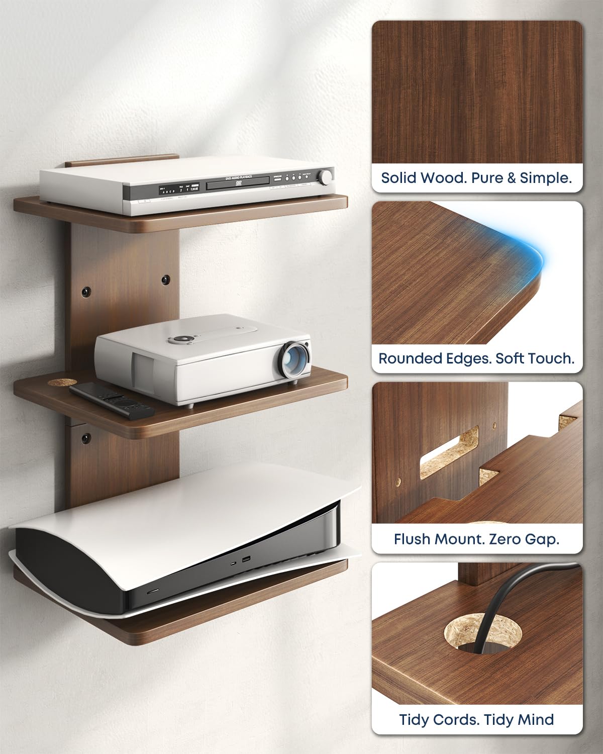 Étagère Murale Flottante 3 Niveaux pour projecteur, Noyer Brun