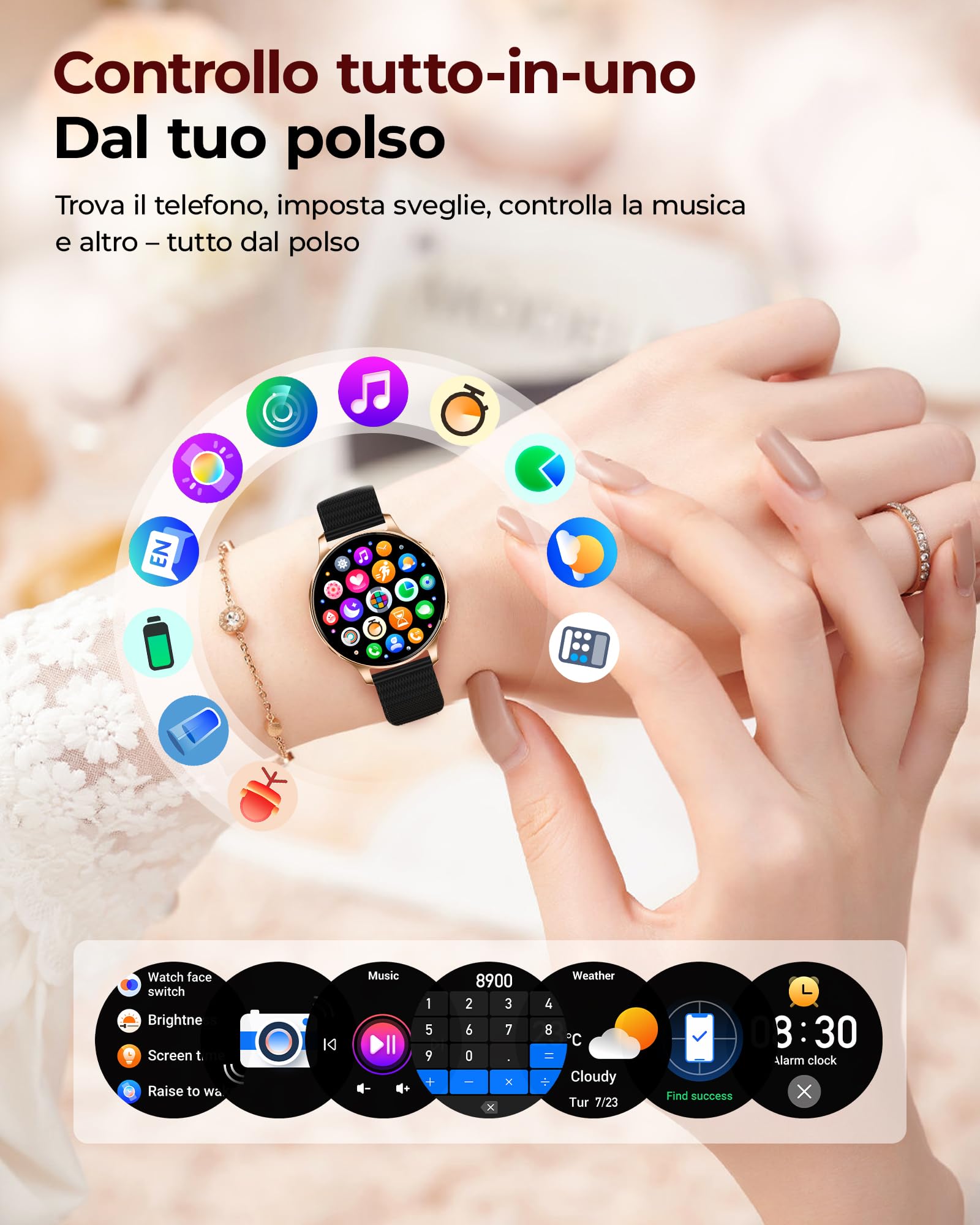 Iaret Smartwatch Donna con 3 Cinturini, Orologio 1,27" AMOLED Always-On con Chiamate Bluetooth, 120+ Modalità Sportive, SpO2/Cardio/Sonno, Fitness Tracker per Android iOS, Oro Nero - Idea Regalo