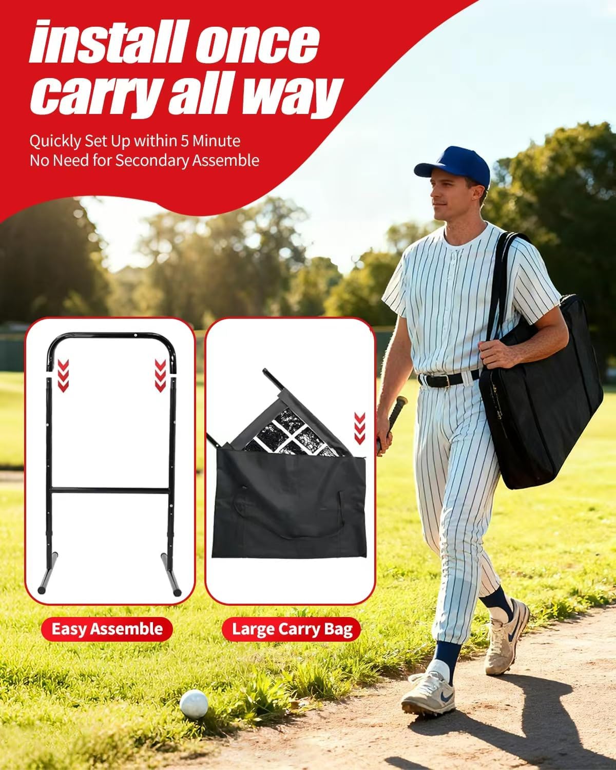 Baseball Pitching Net with 9-Hole Strike Zone, Adjustable Height&Tear-Resistant for Batting Pitching Training, Portable Baseball Softball Pitching Net for Youth Adults Outdoor Practice