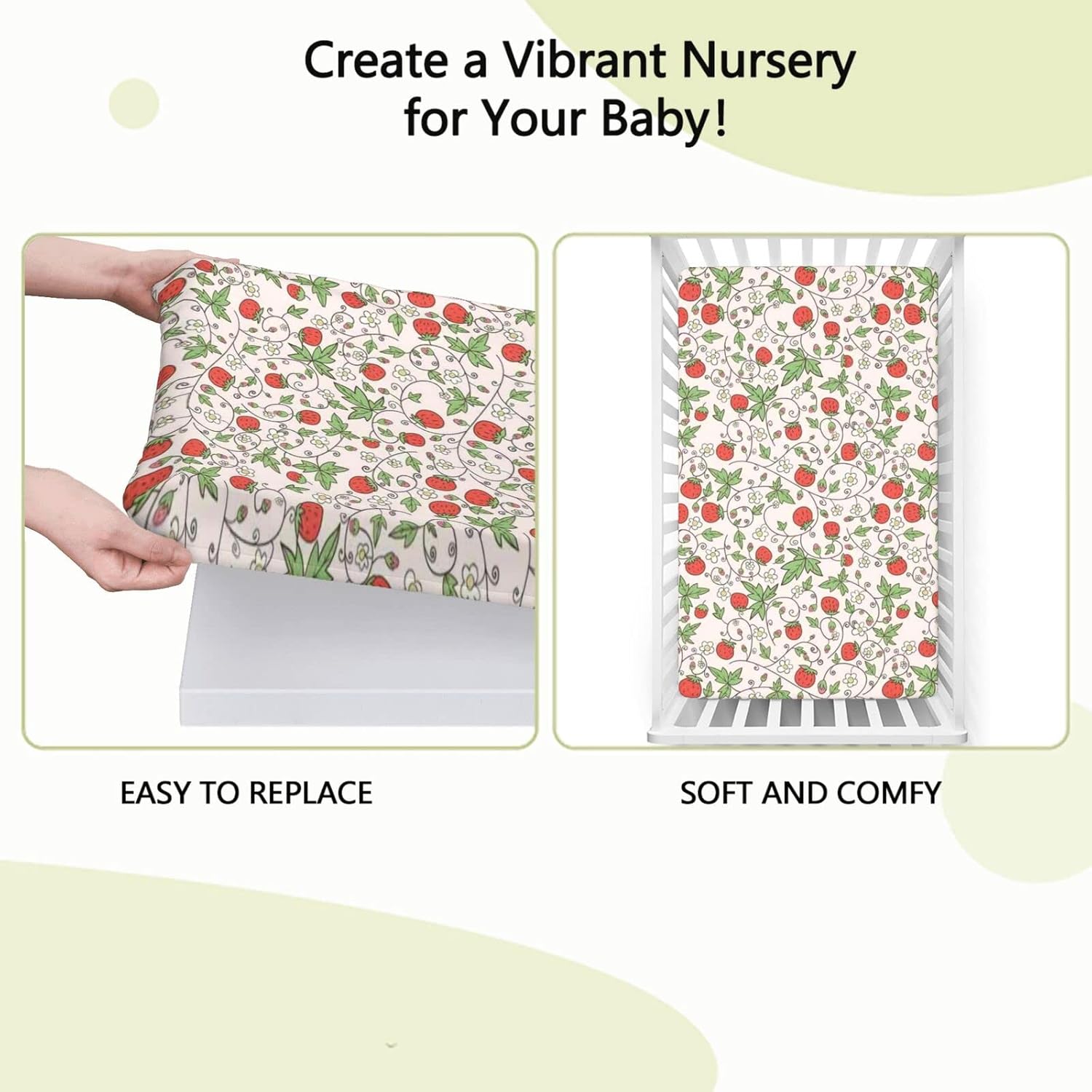 Strawberry Themed Fitted Crib Sheet,Standard Crib Mattress Fitted Sheet Soft & Stretchy Fitted Crib Sheet-Baby Sheet for Boys Girls,28“ x52“,Fern Green Vermilion Rose