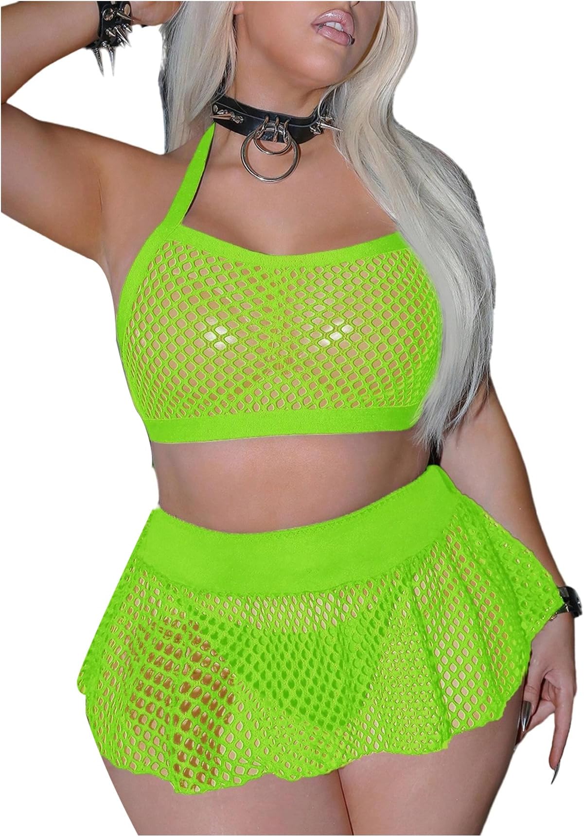 Women's Plus Size Sexy Fishnet Mesh Lingerie Set Hollow Out Halter Bra and Thong Panty Sets with Skirts