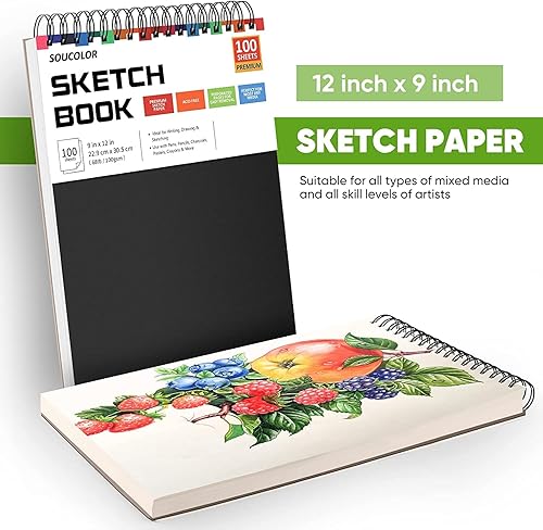 Miniatura 5 de Suministros de dibujo profesionales para bocetos, carbón, de colores, grafito, lápices y palitos pastel. Soucolor Paquete de 2 cuadernos de bocetos