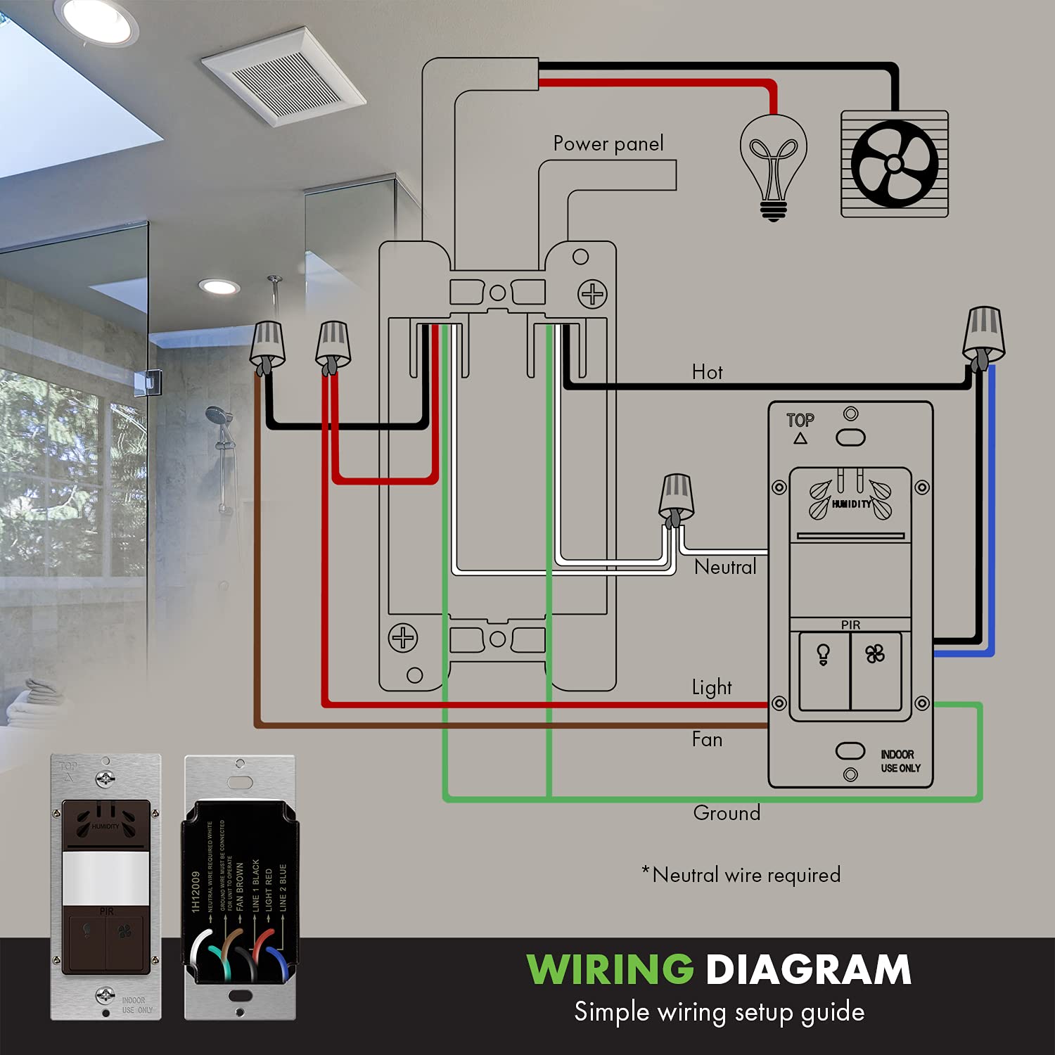 TOPGREENER Interrupteur de capteur d'humidité avec capteur de mouvement d'éclairage PIR, câble neutre nécessaire, détection d'humidité de l'air pour ventilateur de ventilation, contrôle automatisé de