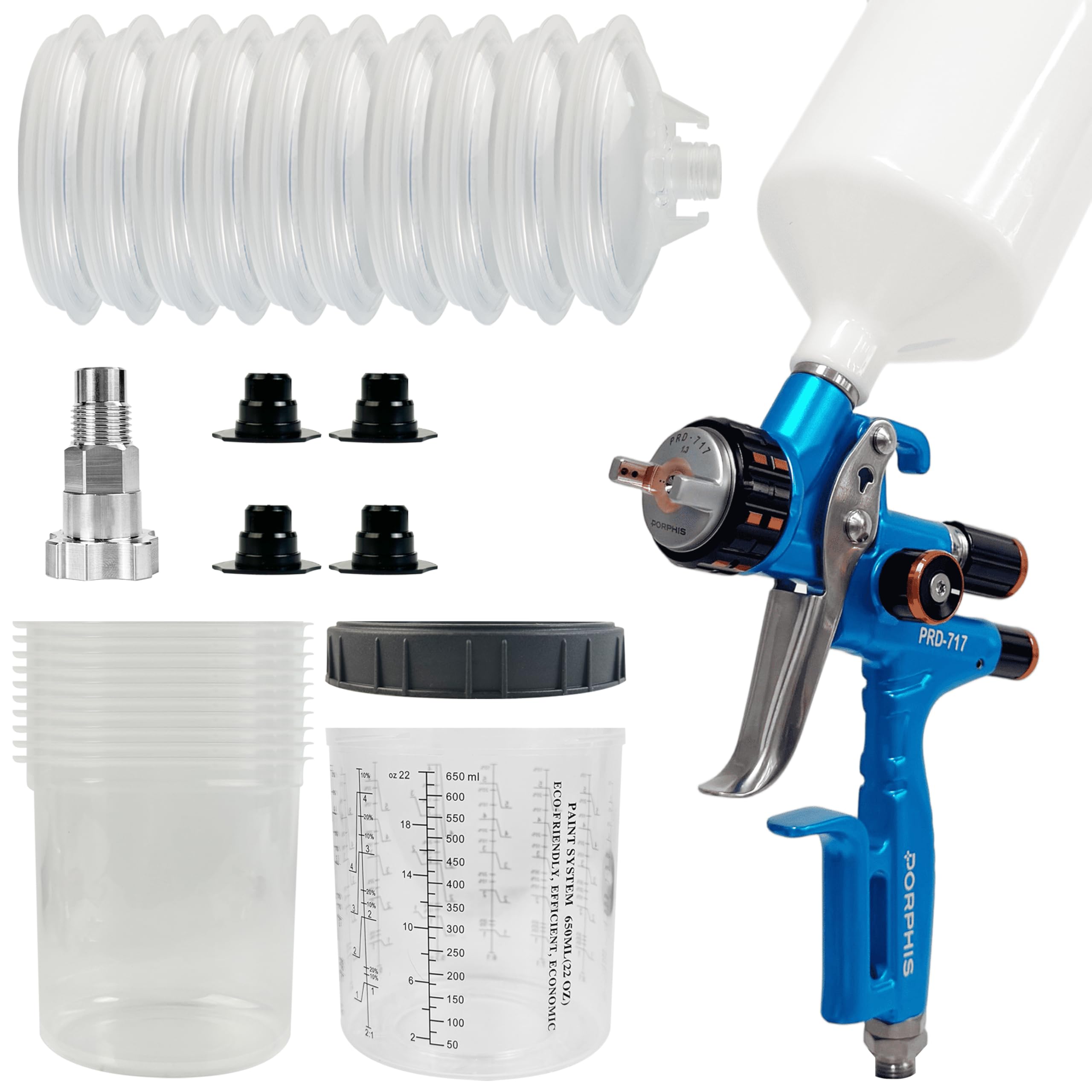 Paint Spray Gun PRD-717 VS Type with Split Nozzle 1.3mm Spray Gun + Disposable Paint Cups 650ml/22oz 10 Sets