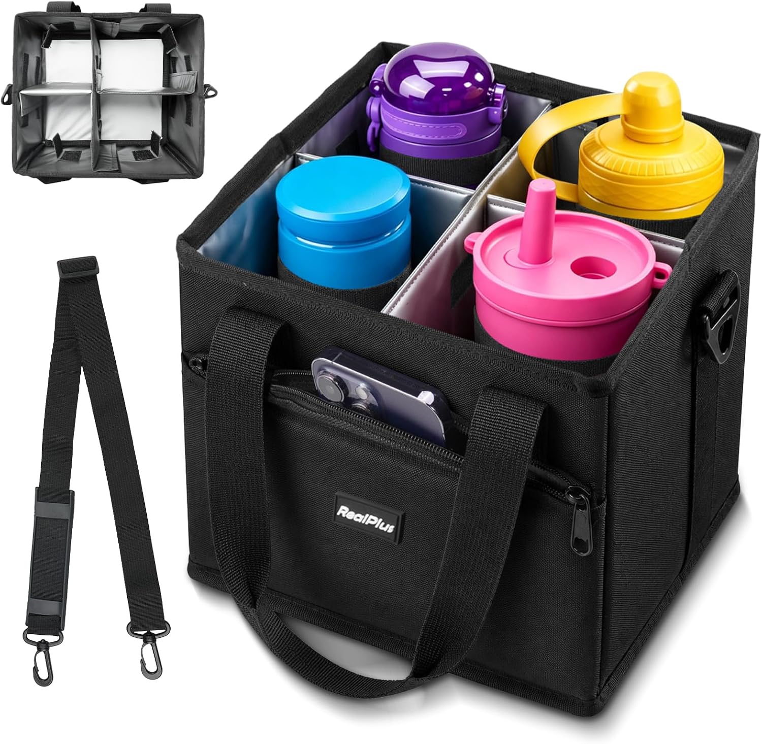 RealPlus 4-Cup Drink Carrier, Collapsible Insulated Caddy with Strap, Black | 600D Oxford fabric, adjustable dividers, no-spill base, shoulder strap, mesh pockets, straw holder, car travel