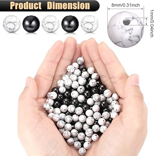 Miniatura 2 de 100 cuentas de howlita de 0.315in y 100 cuentas de hematita natural, cuentas de mármol en blanco y negro, piedras preciosas sueltas para pulseras,