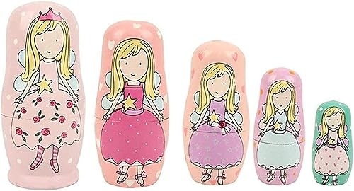 Linda princesa ángel con vestido rosa, morado y verde, muñecas anidables hechas a mano, muñecas Matryoshka, juego de 5 piezas, regalo para niños y