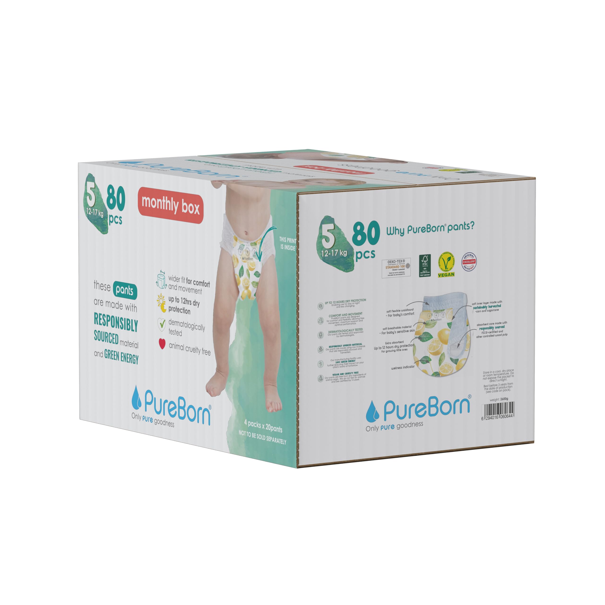 PureBorn 80 Couches Culottes Taille 5 (12-17 kg), Ultra-Absorbantes, Hypoallergéniques, Couches Culottes douces pour Bébé, Testées Dermatologiquement, Anti-fuites en Bambou Naturel
