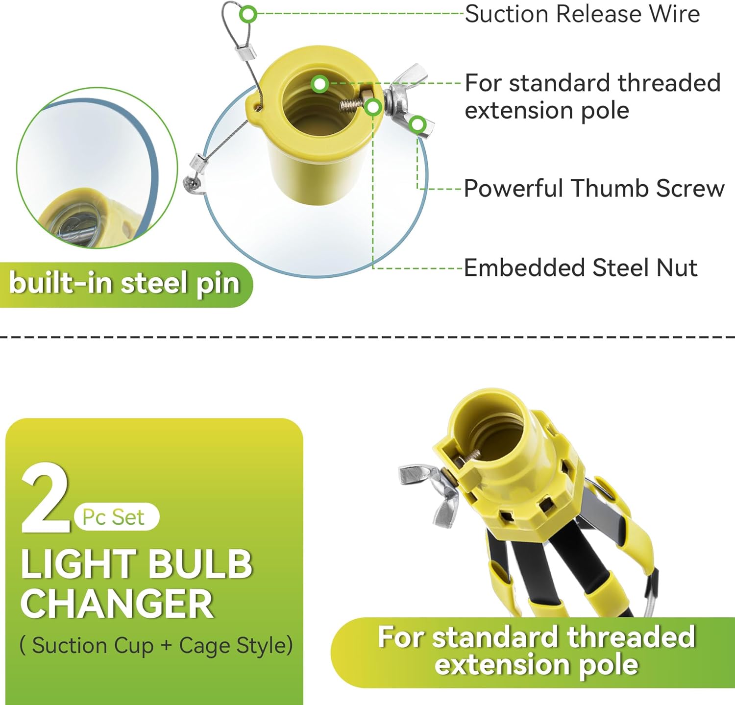 Dreyoo 2 Piece Set Light Bulb Changer, Standard Incandescent Bulb Changer and Suction Cup Light Bulb Changer Compatible with DocaPole and Other Standard Threaded Extension Pole (Pole Not Included)
