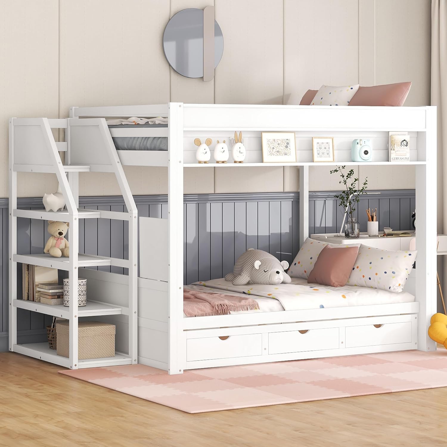 Wood Full Size Convertible Bunk Bed with Storage Staircase, Bedside Table, and 3 Drawers, White