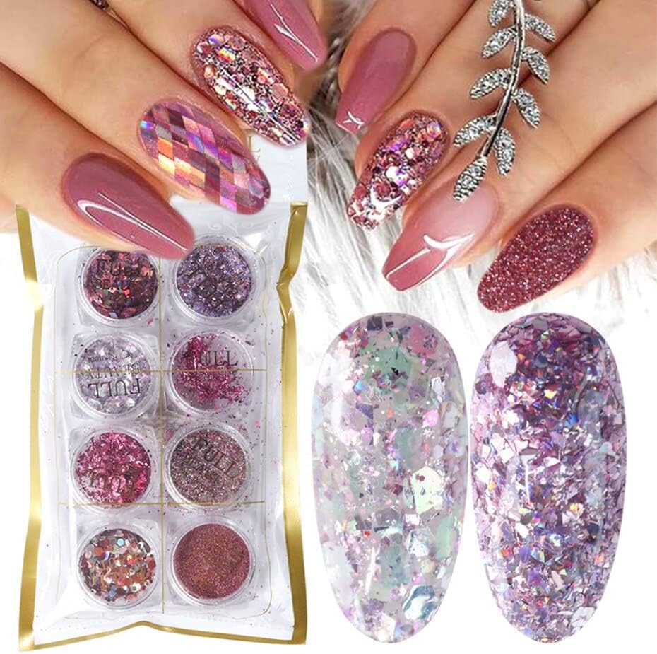 8 Color Mix Glitter Nail Powder Flakes Set Holographic Sequins Manicure Nail Art Decorations Sparkles Tips La1506-05-2