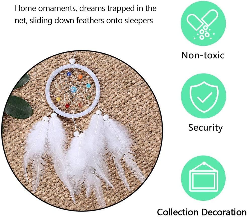 Colgante de plumas verdes y atrapasueños circular blanco artesanal para decoración de pared 6