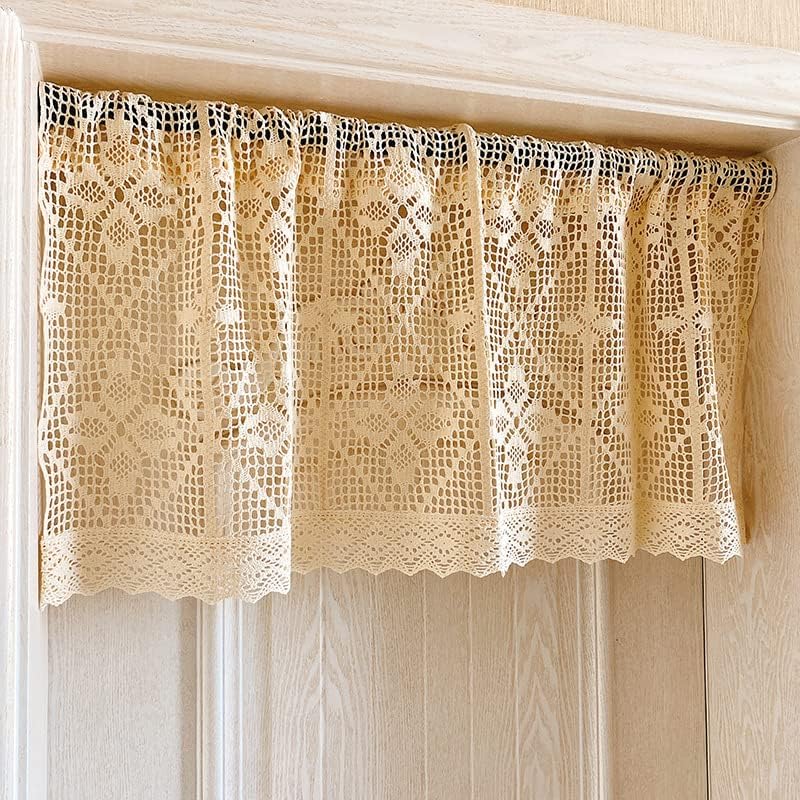Boho Kitchen Curtains,Short Curtain Valance for Kitchen Window Farmhouse Handmade Crochet Curtain Tiers for Coffee Decor Room Divider Rod Pocket Hollow Short Lace Curtain Decor ( Color : A , Size : 45
