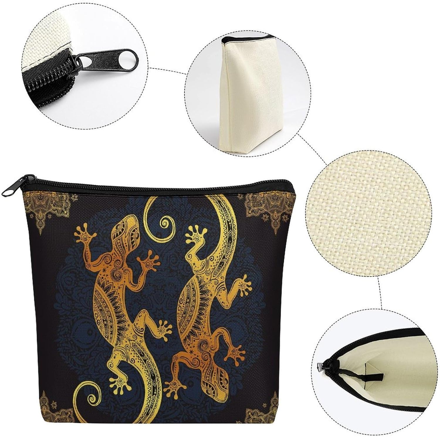 Gecko Lizards Linen Cosmetic Pouch with Secure Zipper, Lightweight Washable Multi Purpose Toiletry Storage Bag, Portable Makeup Carry Sack for Holiday Trip Daily Organiser image 3
