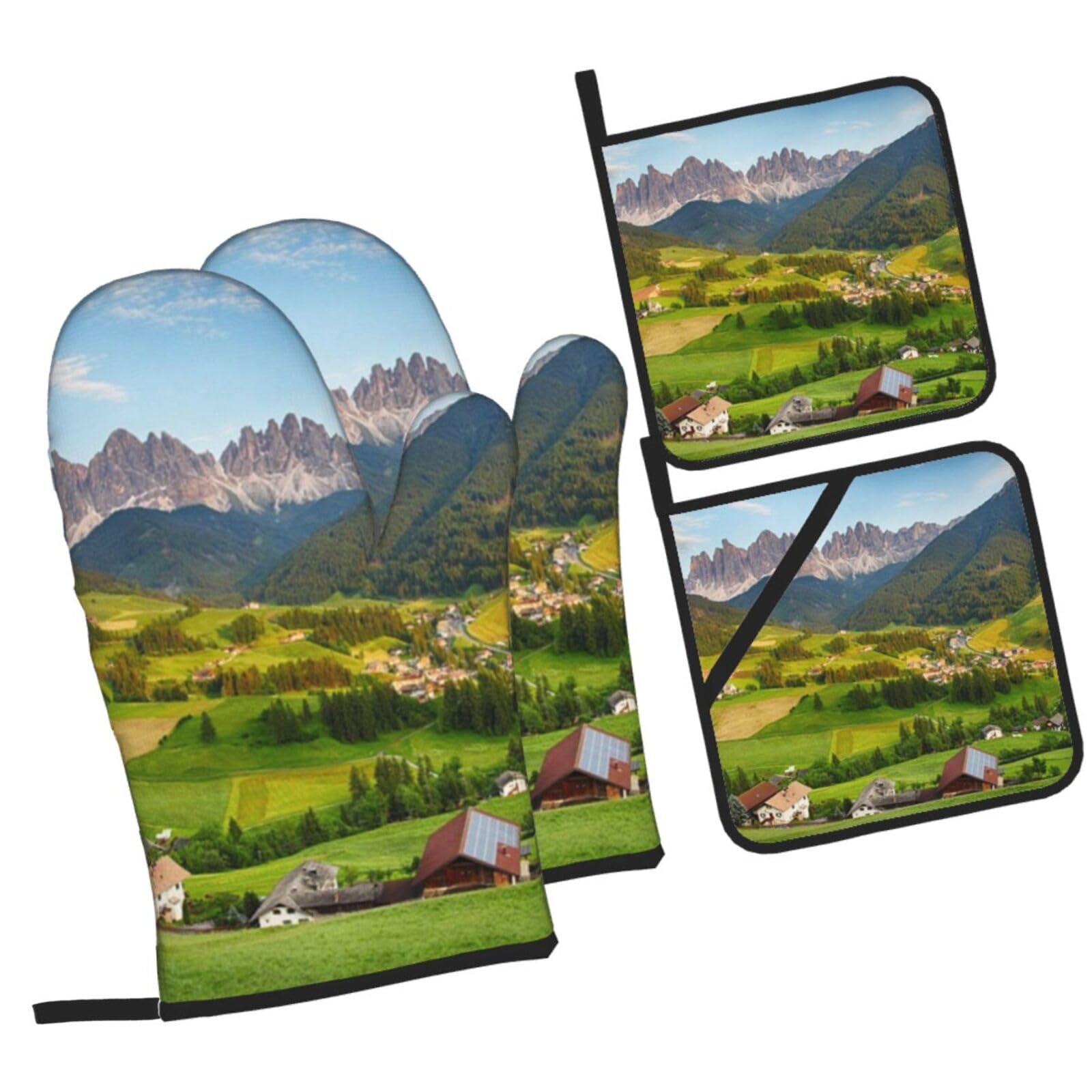 Village Scenic Printed Oven Mitts and Pot Holders Heat Resistant Set of 4 Pcs, Modern Kitchen Gloves & Potholders for Cooking Baking Grilling