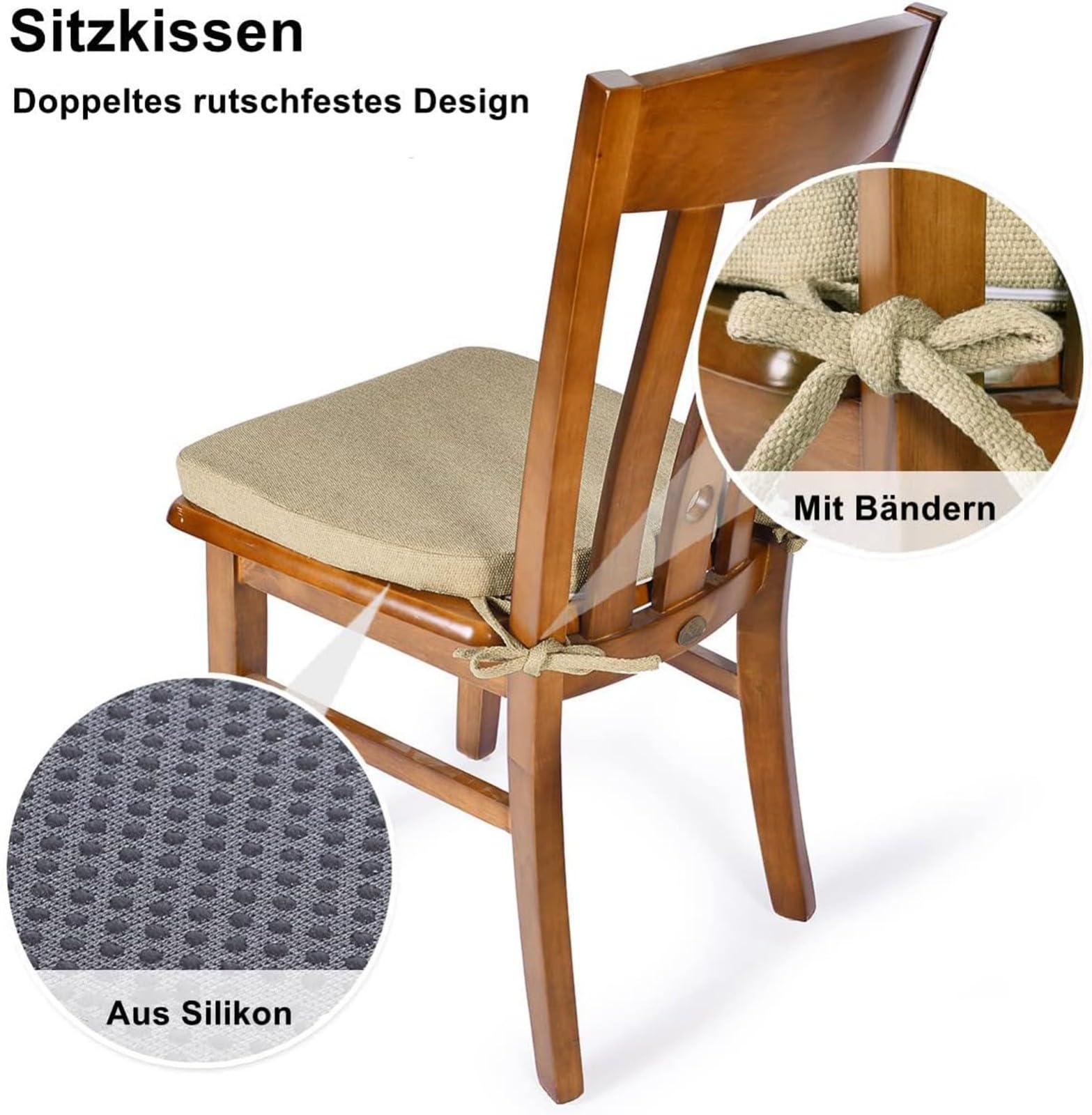 Stuhlkissen Sitzkissen Outdoor Gartenstuhlauflagen, Hufeisen rutschfest Stuhlkissen Halbrund mit Bändern, Sitzpolster für Outdoor Indoor Zuhause Büro Küche Beige,6 Pack