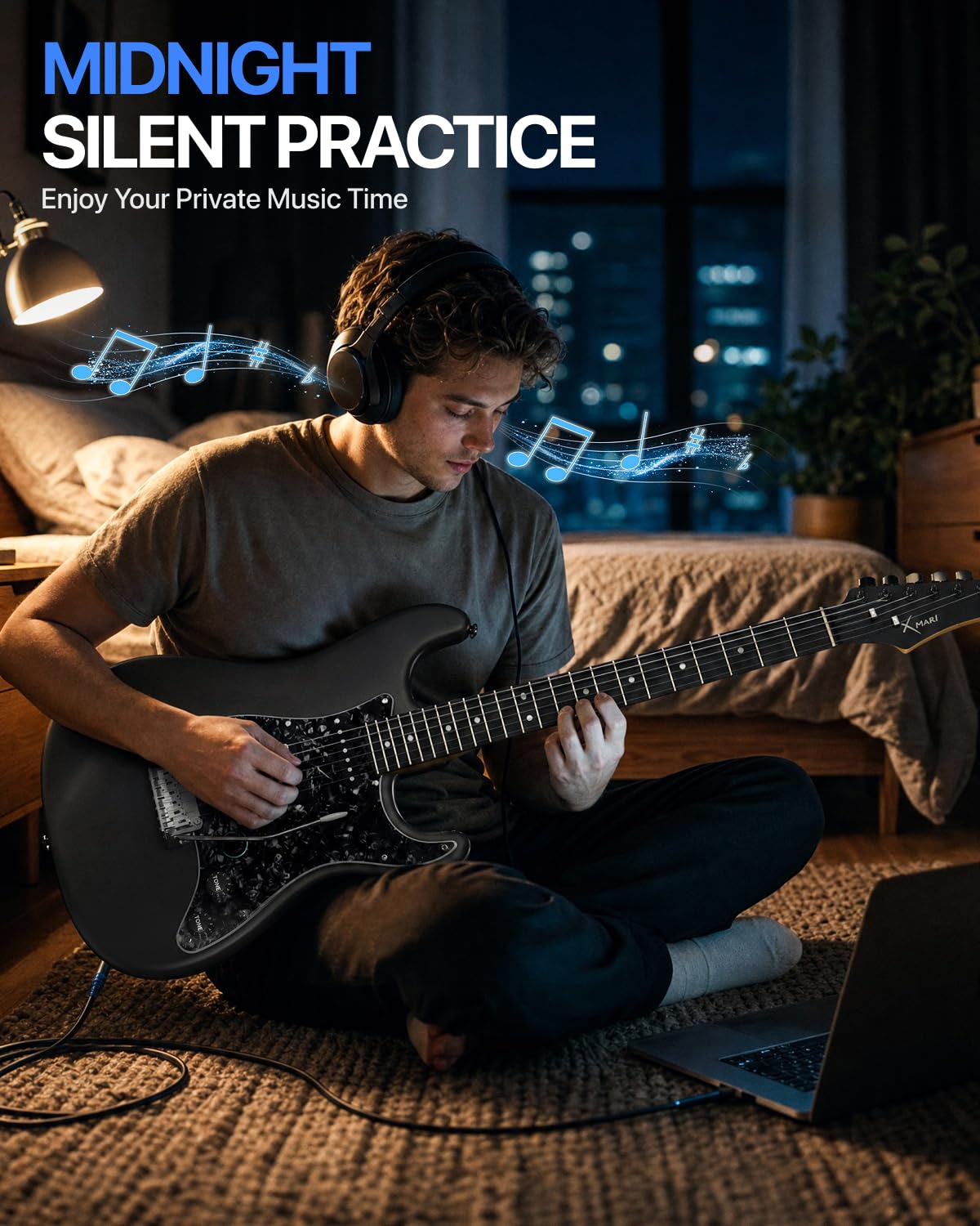 Enya XMARI Guitare électrique intelligente avec effets DSP intégrés, 4 préréglages, enregistrement USB-C OTG, sortie casque, micros en céramique personnalisés, corps en fibre de carbone, avec sac de
