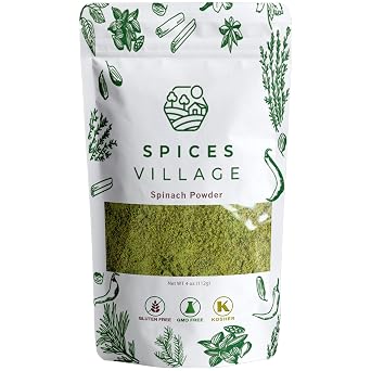 SPICES VILLAGE Dried Spinach Powder, 4 oz, Natural Ground Spinach Leafs, Whole Leaf Spinach Powder, Kosher, Gluten Free, Vegan, Non GMO, Resealable Bulk Bag
