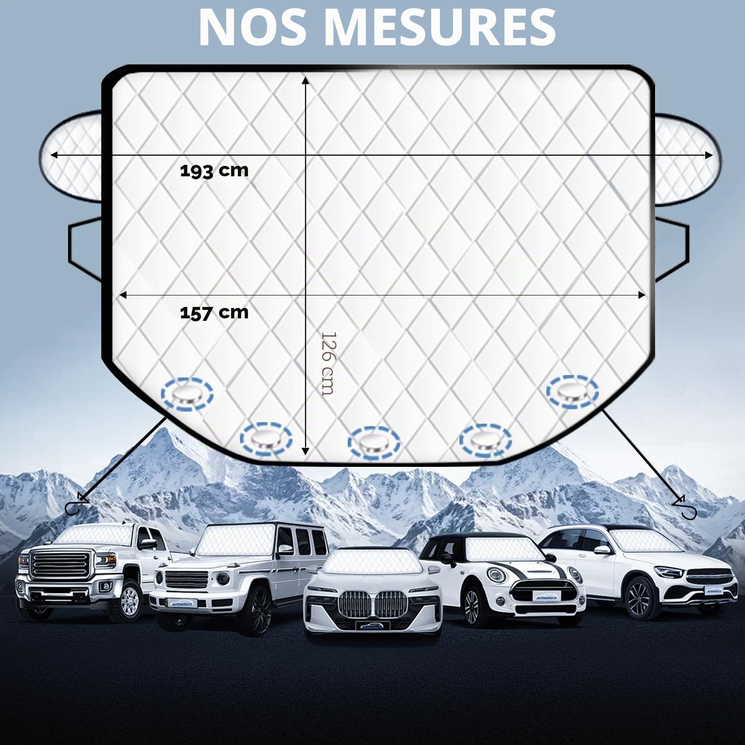 Pare Soleil Voiture 193 x 126 cm Protection UV & Chaleur, Antivol, Résistant au Givre (INCL. SUV) - 5 Aimants Intégrés e Sac de Rangement