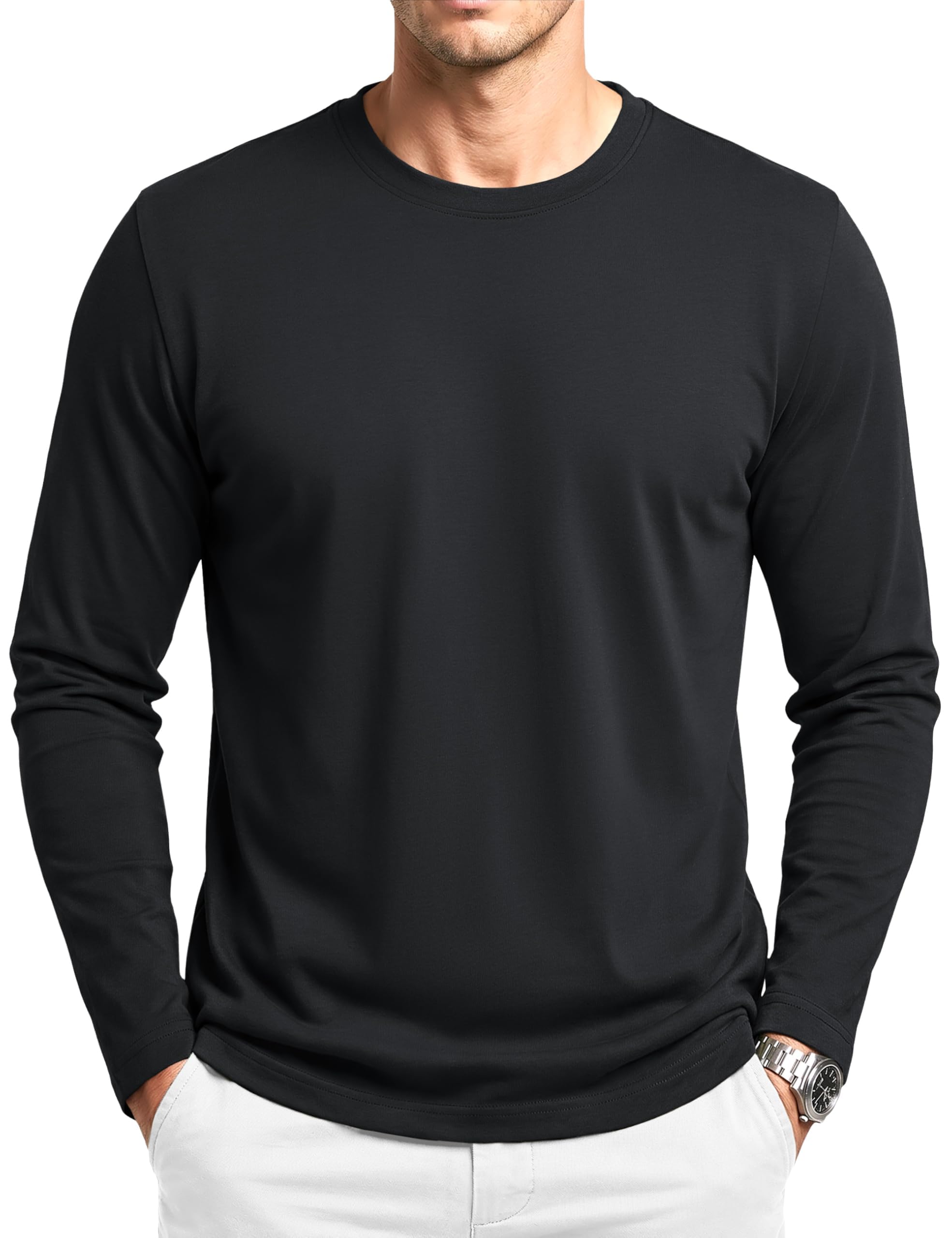 KEFITEVD Camiseta de manga larga para hombre, de algodón, manga larga, cuello redondo, para tiempo libre, manga larga, invierno, cuello redondo
