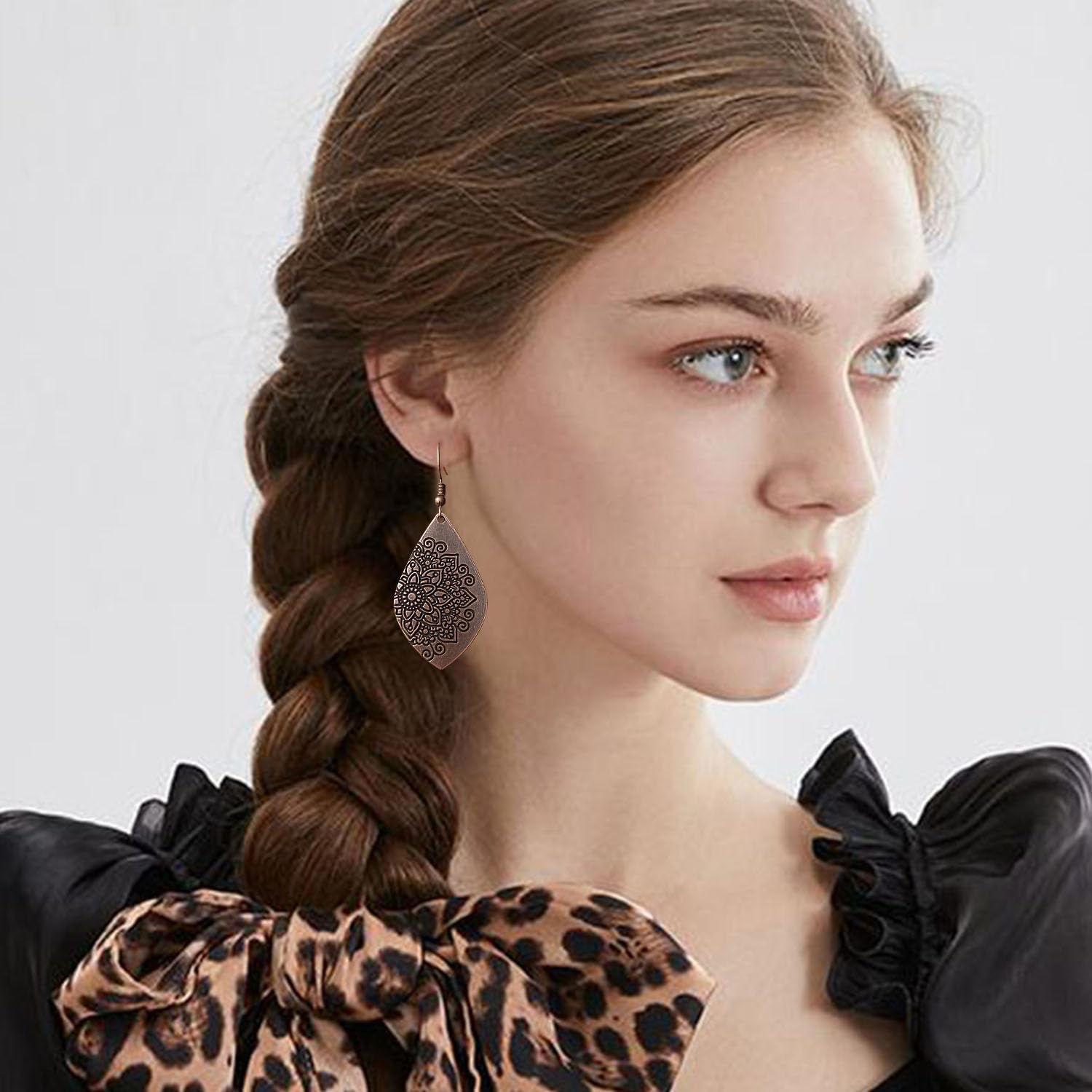 Handmade Bohemian Dainty Tribal Retro Bronze Teardrop Leaf Flower Dangle Drop Earrings National Style Geometry Sunflower Copper Hook Earrings for Women - Image 3