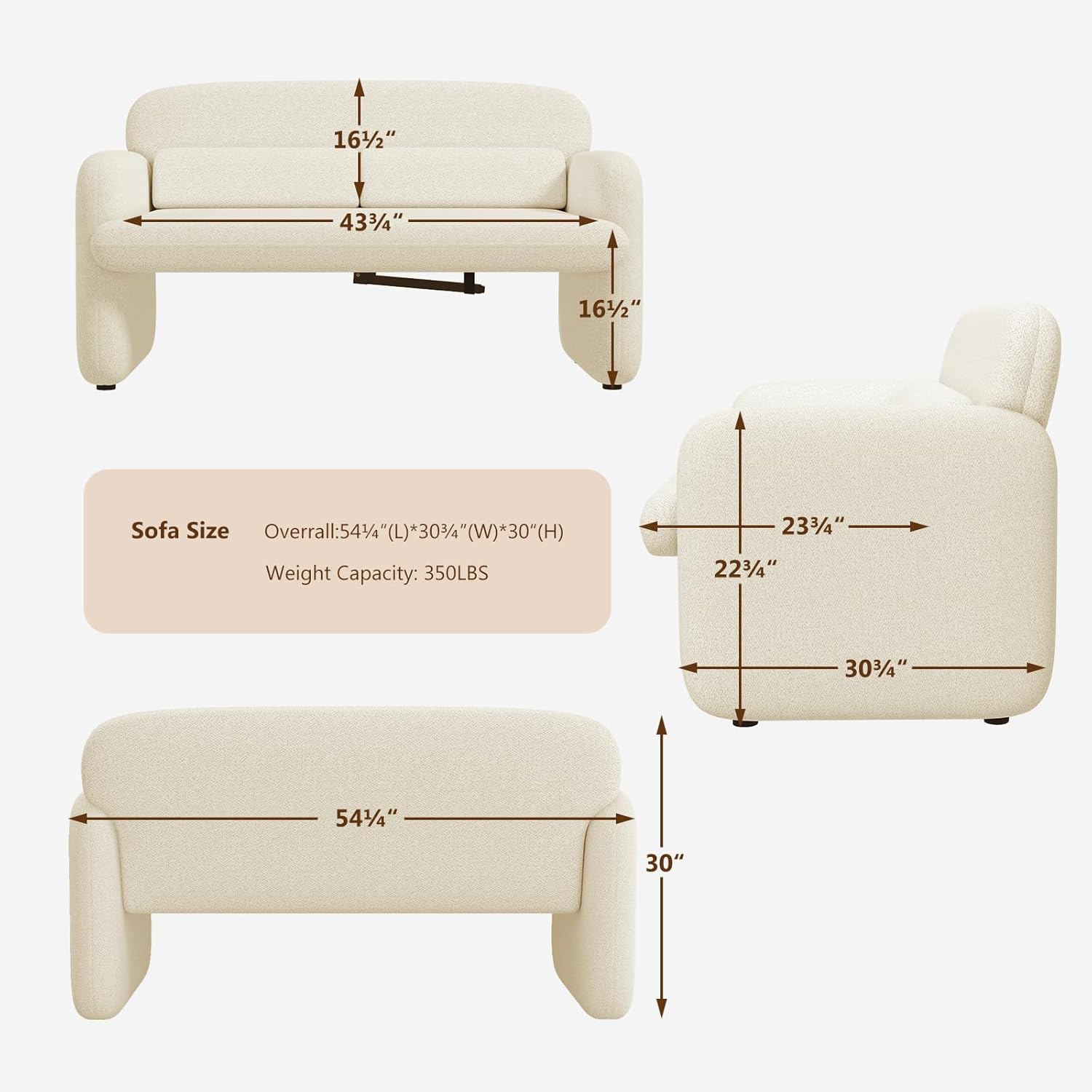 Furnimart Modern Loveseat Sofa, 54" Boucle Love Seat, Comfy Upholstered Minimalist Sofa with 2 Waist Pillows, Small Couch for Small Spaces, Apartment, Office, Bedroom, Dorm, Chenille White