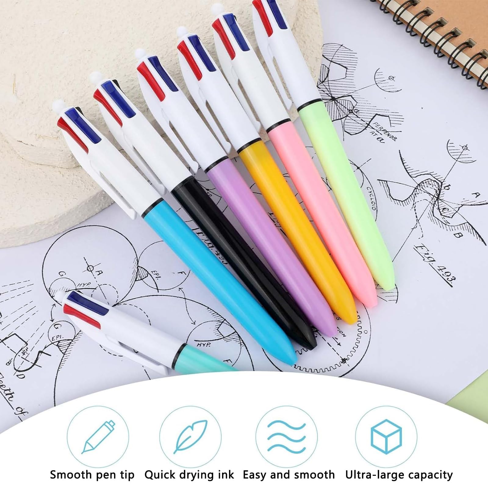 KSVFTB 7 Pcs 4 Colour Pen, Multi Colour Pen with Pencil Case Clear, Retractable Ballpoint Pens with Black, Blue, Red - Image 4