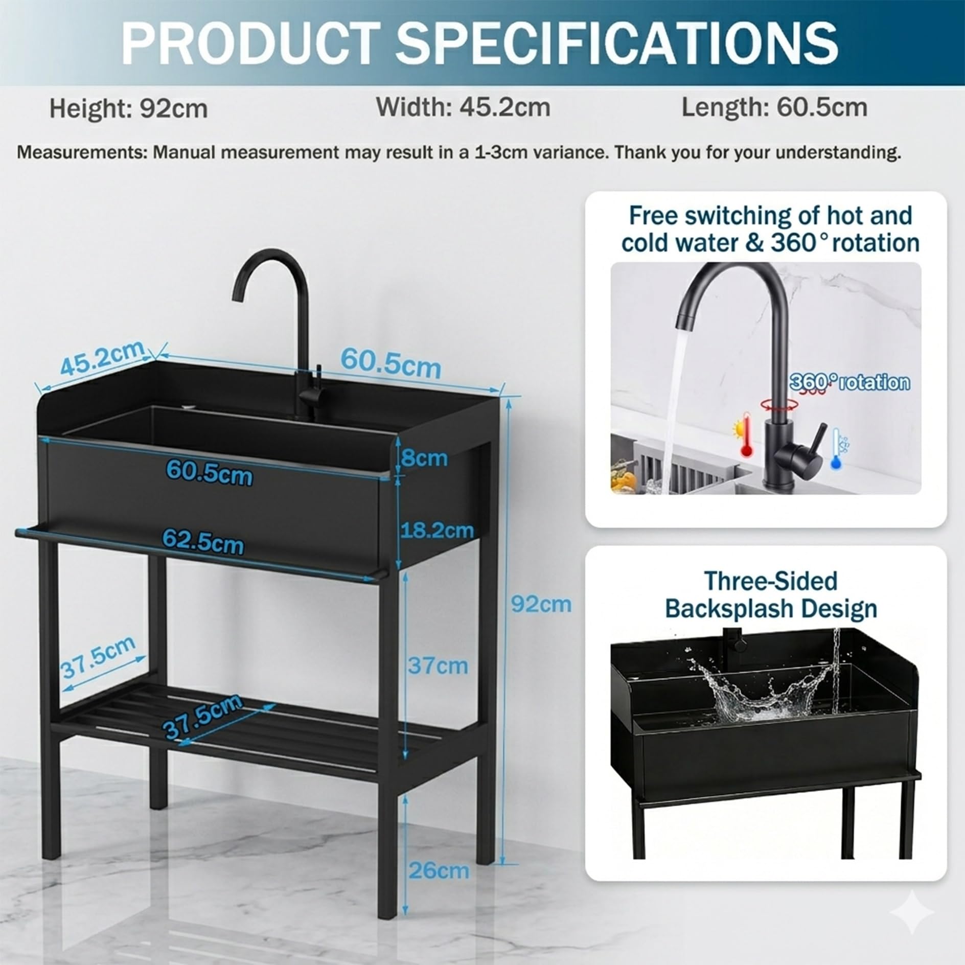 Lavandino Inox con Mobiletto, Lavatoio da Esterno e Giardino Autoportante con Paraspruzzi su 3 Lati, Vasca Lavanderia Altezza 92cm con Miscelatore, Lavello per Garage, Officina(60 x 45 x 92cm)