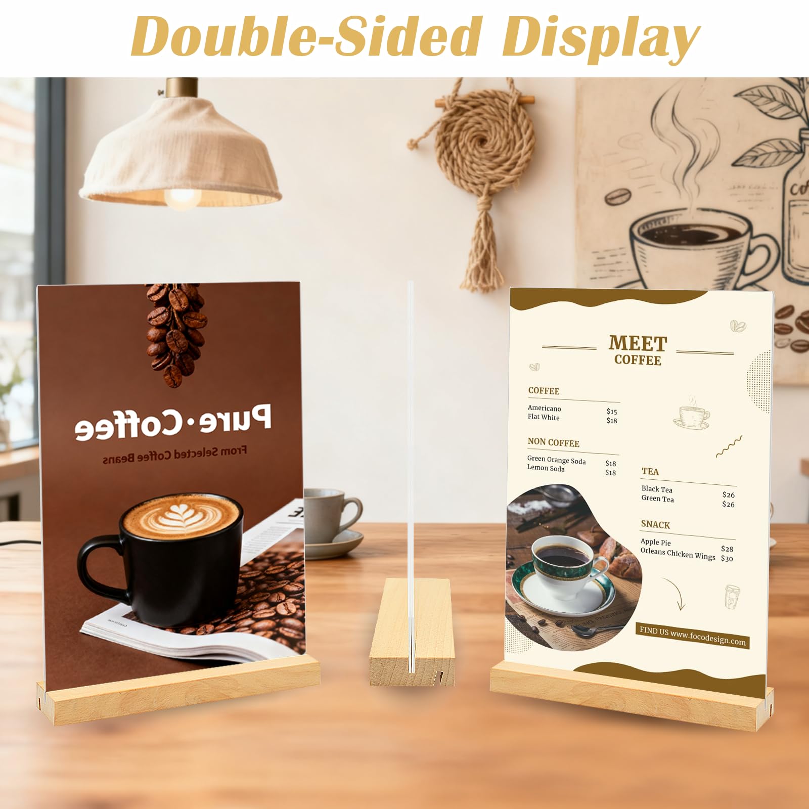 Lot de 6 Présentoir A5 (14,8 x 21 cm) en acrylique avec base en bois, porte affiche A5, porte menu pour tables, double face pour menus, affiches, mariage, restauran