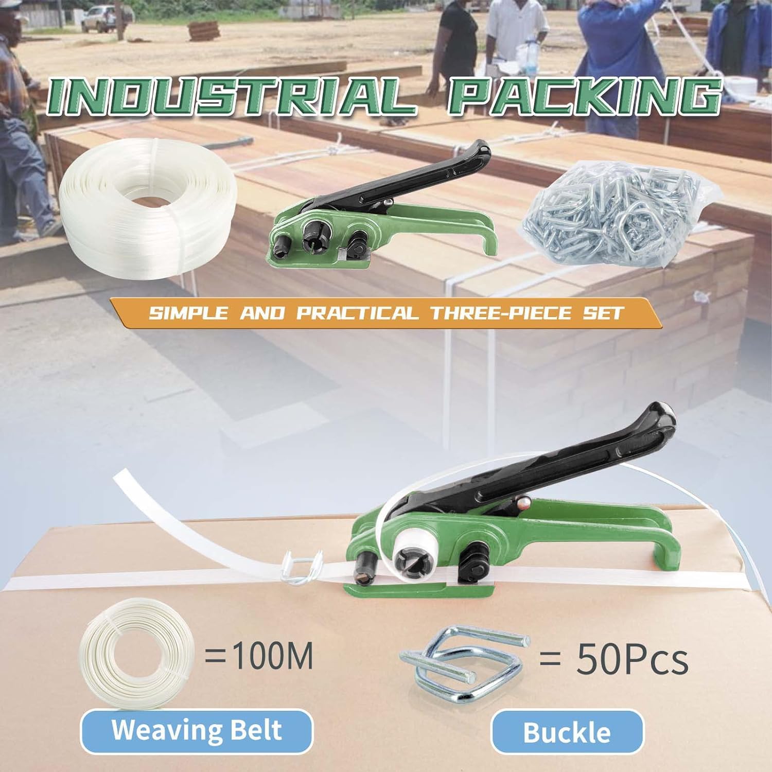 Strapping Tools Kit 19mm x 100mtr Woven Cord Banding Strap 1000kg Break Strength Tensioner Tool 50pcs Reusable Buckles