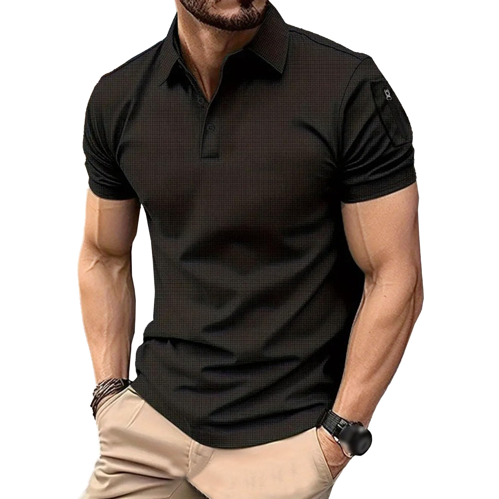 Men Quarter Button Casual Polo Shirt Side Zipper Pocket Sports T-Shirts Summer Classic Lapel Breathable Pullovers (Black,Small)