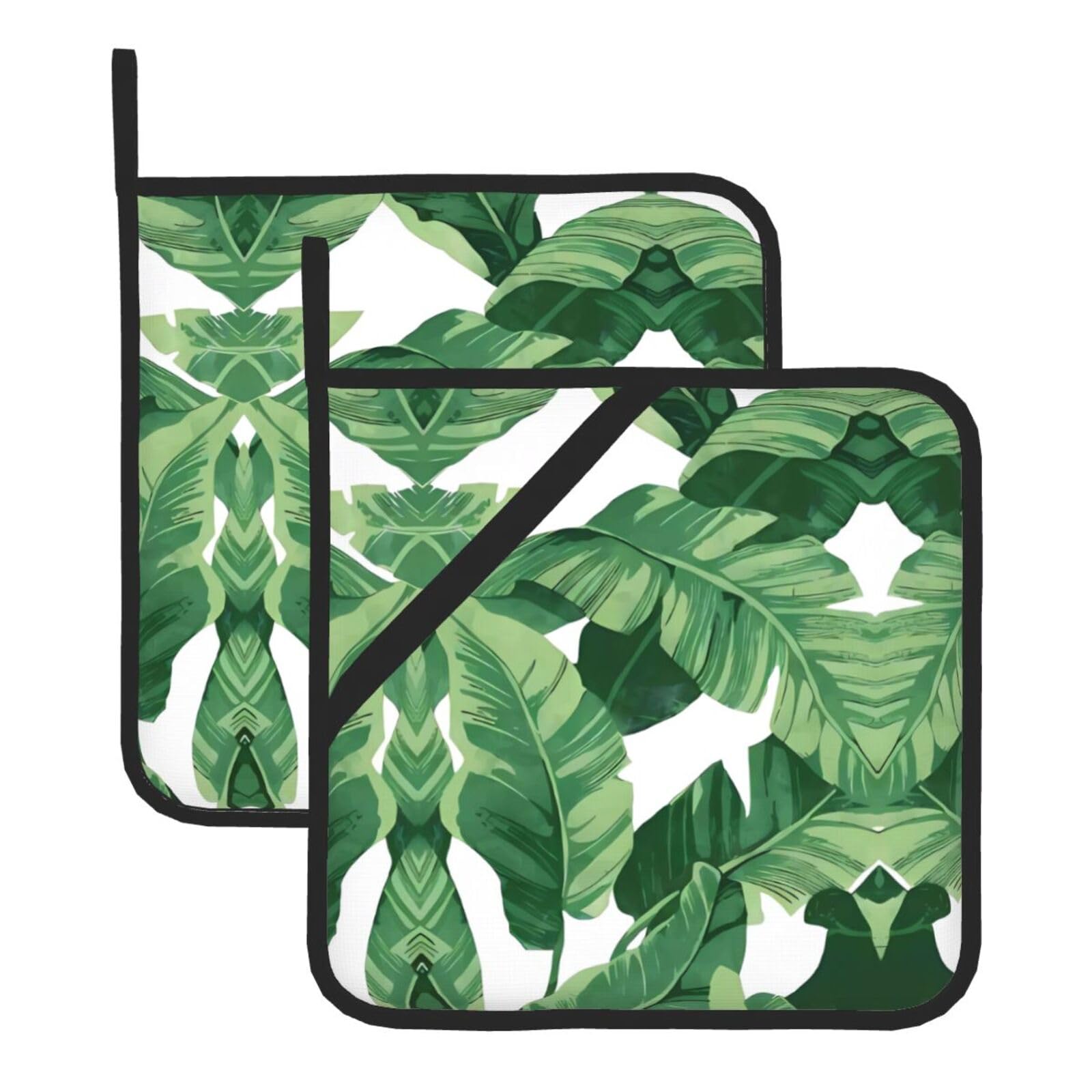 HJFCZH Cute green palm leaves Prints Square Hot Pads for Kitchen Counter - Waterproof Pot Holders, Durable Heat Resistant Throw Layers for Serving, Oven & BBQ - 2 Pack