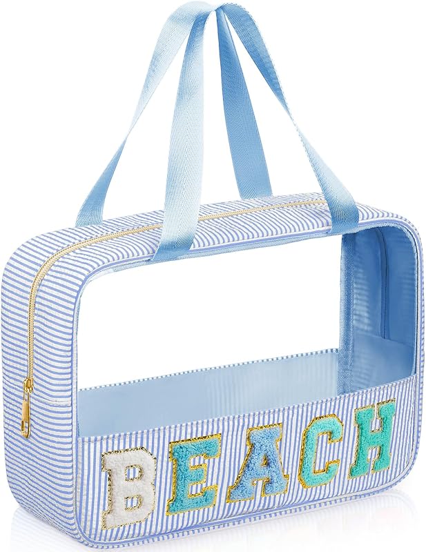 Necessaire transparente Sanwuta em tecido seersucker listrado azul-claro com alça e zíper