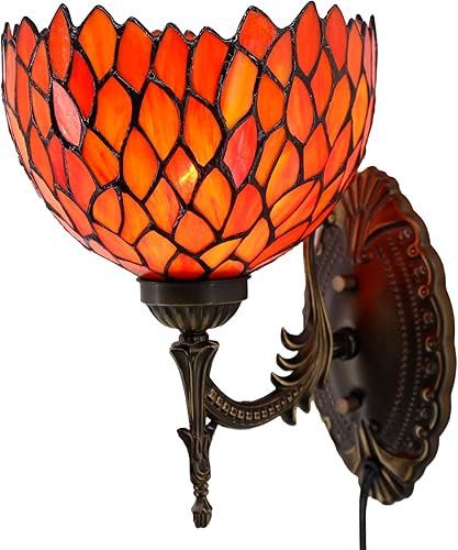 Tiffany - Lámpara de pared con enchufe o cable rígido con pantalla de glicina roja de 8 pulgadas, 8 x 10.5 x 11 pulgadas, acabado base de bronce